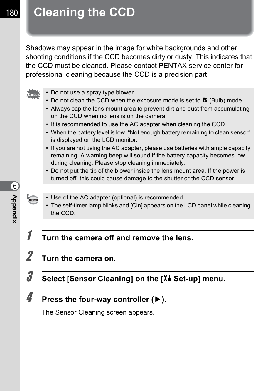 Cleaning the ccd, P.180 | Pentax *ist IST DS User Manual | Page 182 / 208