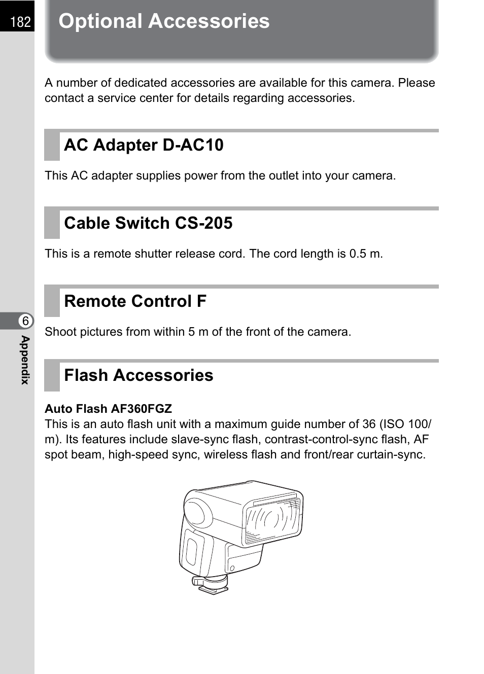 Optional accessories, Ac adapter d-ac10, Cable switch cs-205 | Remote control f, Flash accessories | Pentax *ist IST DS User Manual | Page 184 / 208