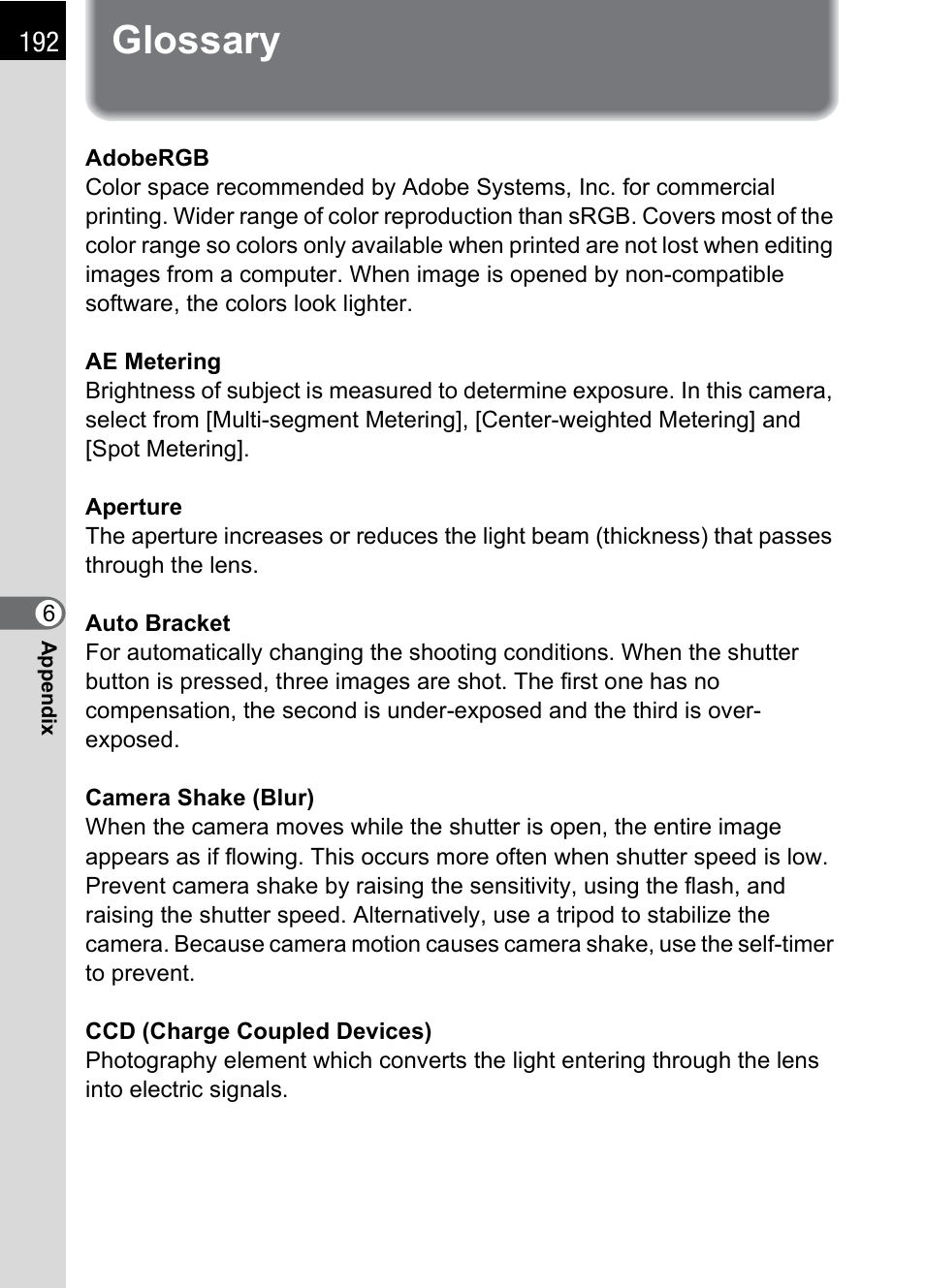 Glossary | Pentax *ist IST DS User Manual | Page 194 / 208
