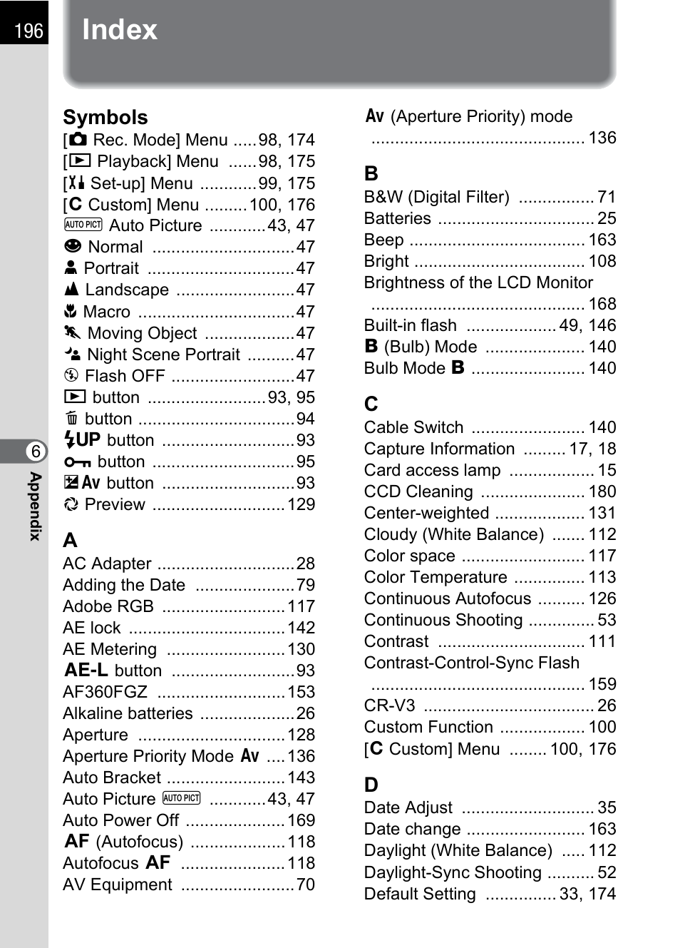 Index, Symbols | Pentax *ist IST DS User Manual | Page 198 / 208
