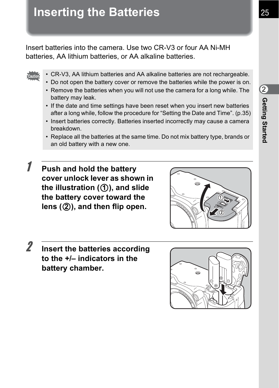 Inserting the batteries | Pentax *ist IST DS User Manual | Page 27 / 208