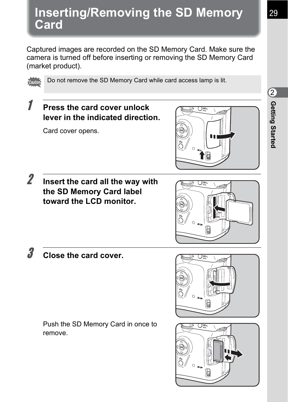 Inserting/removing the sd memory card | Pentax *ist IST DS User Manual | Page 31 / 208