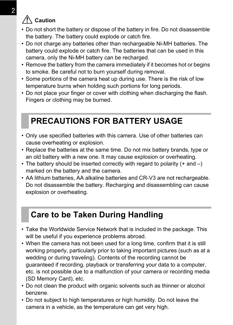 Precautions for battery usage, Care to be taken during handling | Pentax *ist IST DS User Manual | Page 4 / 208