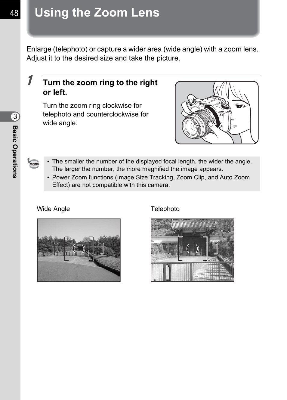 Using the zoom lens, Using the zoom lens (p.48) | Pentax *ist IST DS User Manual | Page 50 / 208