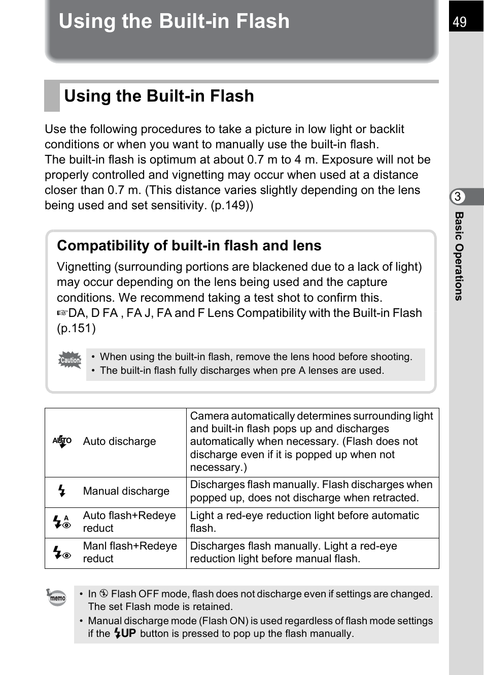 Using the built-in flash, P.49), Using the built-in flash (p.49) | Compatibility of built-in flash and lens | Pentax *ist IST DS User Manual | Page 51 / 208