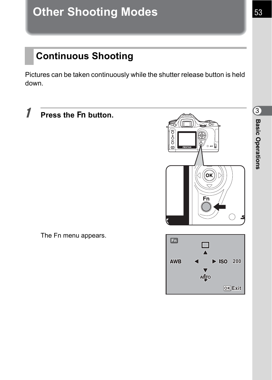 Other shooting modes, Continuous shooting | Pentax *ist IST DS User Manual | Page 55 / 208
