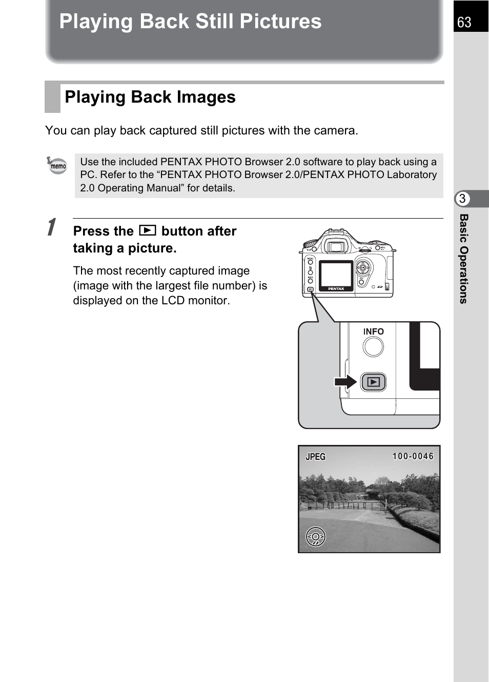 Playing back still pictures, Playing back images | Pentax *ist IST DS User Manual | Page 65 / 208