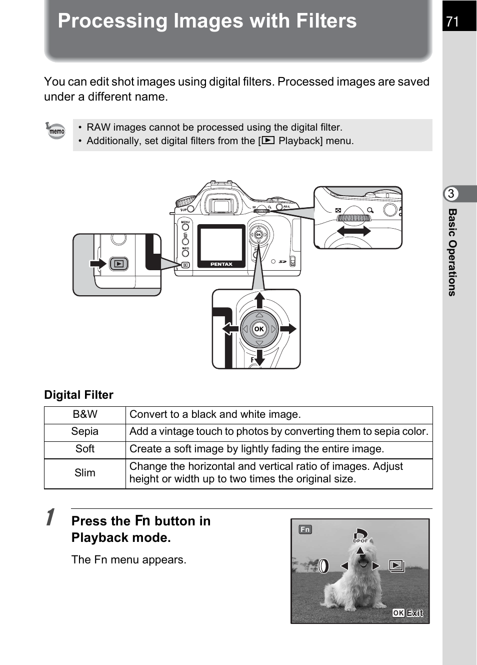 Processing images with filters, Press the { button in playback mode | Pentax *ist IST DS User Manual | Page 73 / 208