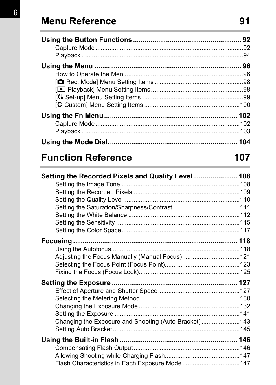 Menu reference 91, Function reference 107 | Pentax *ist IST DS User Manual | Page 8 / 208