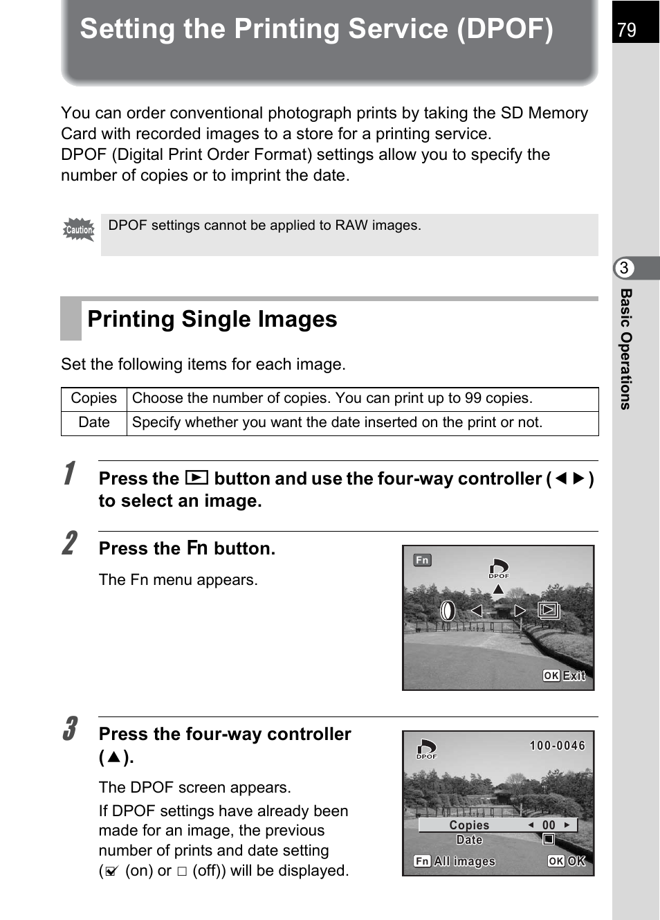 Setting the printing service (dpof), Printing single images, Press the { button | Press the four-way controller ( 2 ) | Pentax *ist IST DS User Manual | Page 81 / 208