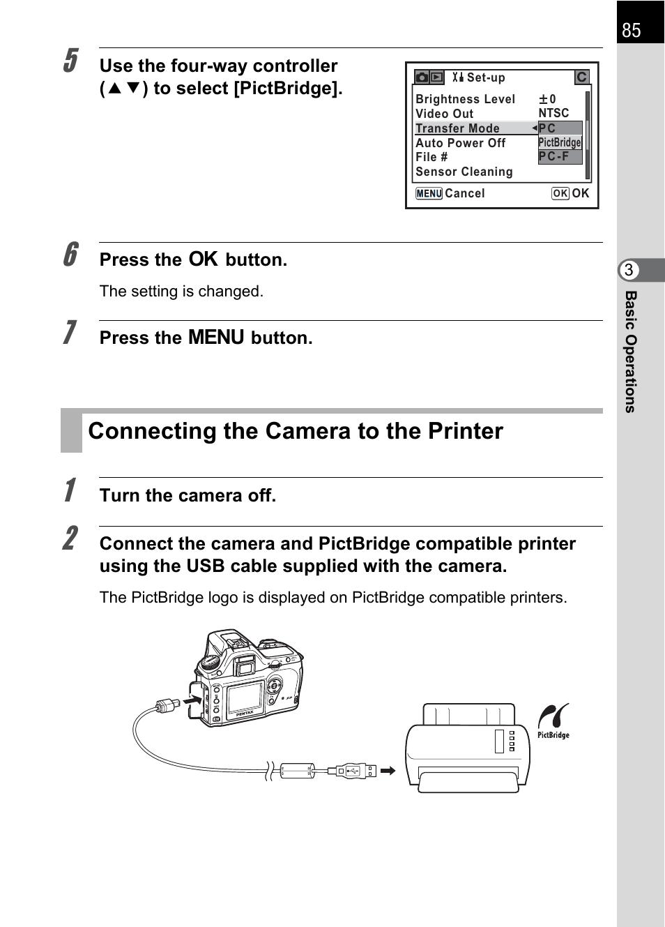 Connecting the camera to the printer, P.85 | Pentax *ist IST DS User Manual | Page 87 / 208