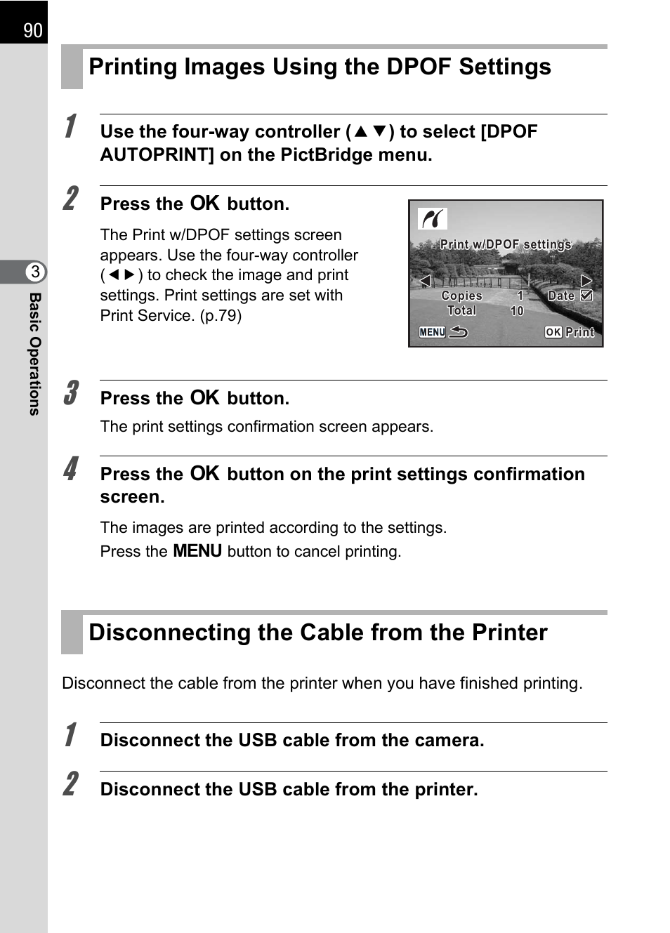 Printing images using the dpof settings, Disconnecting the cable from the printer, P.90) | Pentax *ist IST DS User Manual | Page 92 / 208