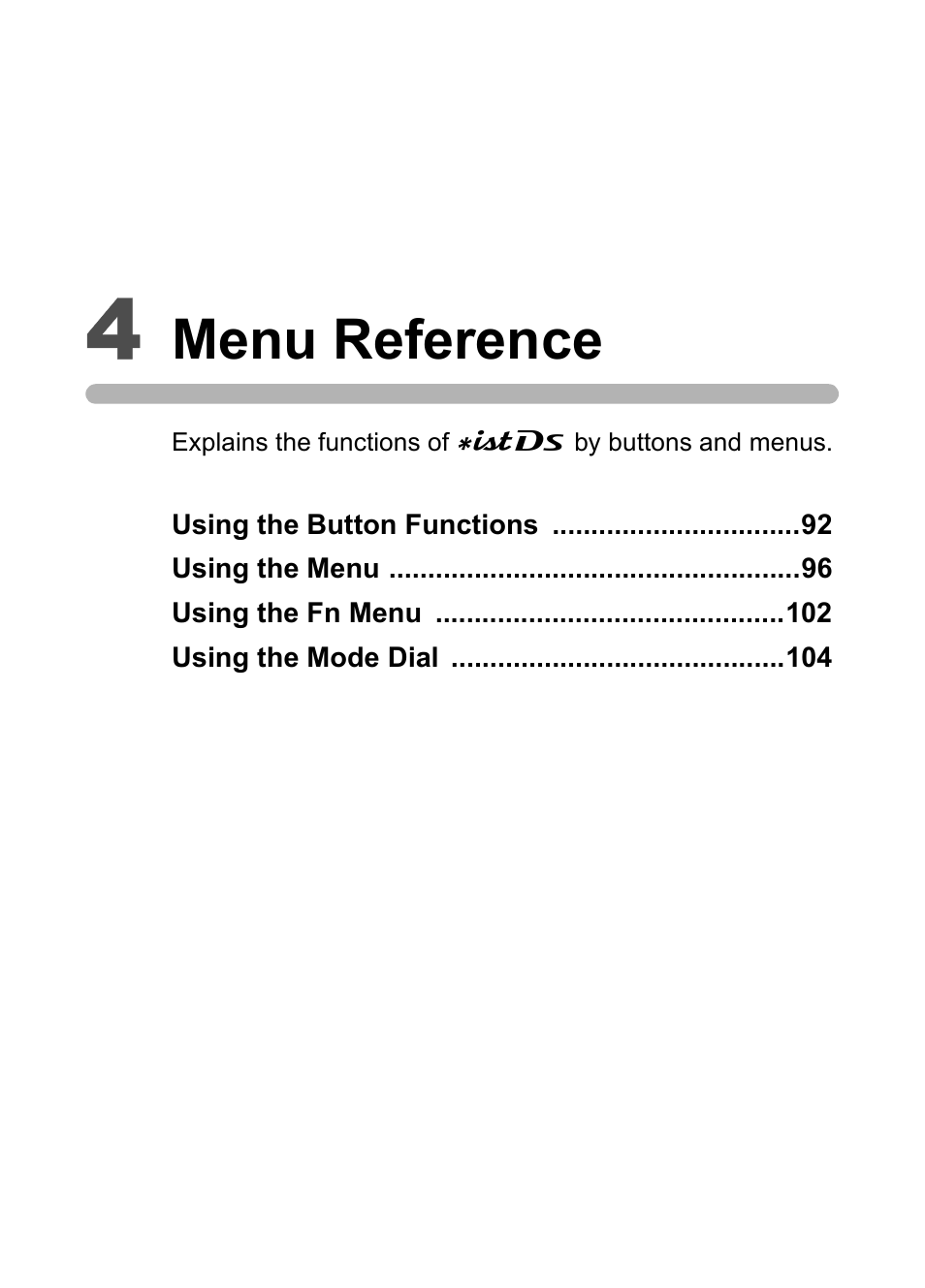 4 menu reference, Menu reference | Pentax *ist IST DS User Manual | Page 93 / 208