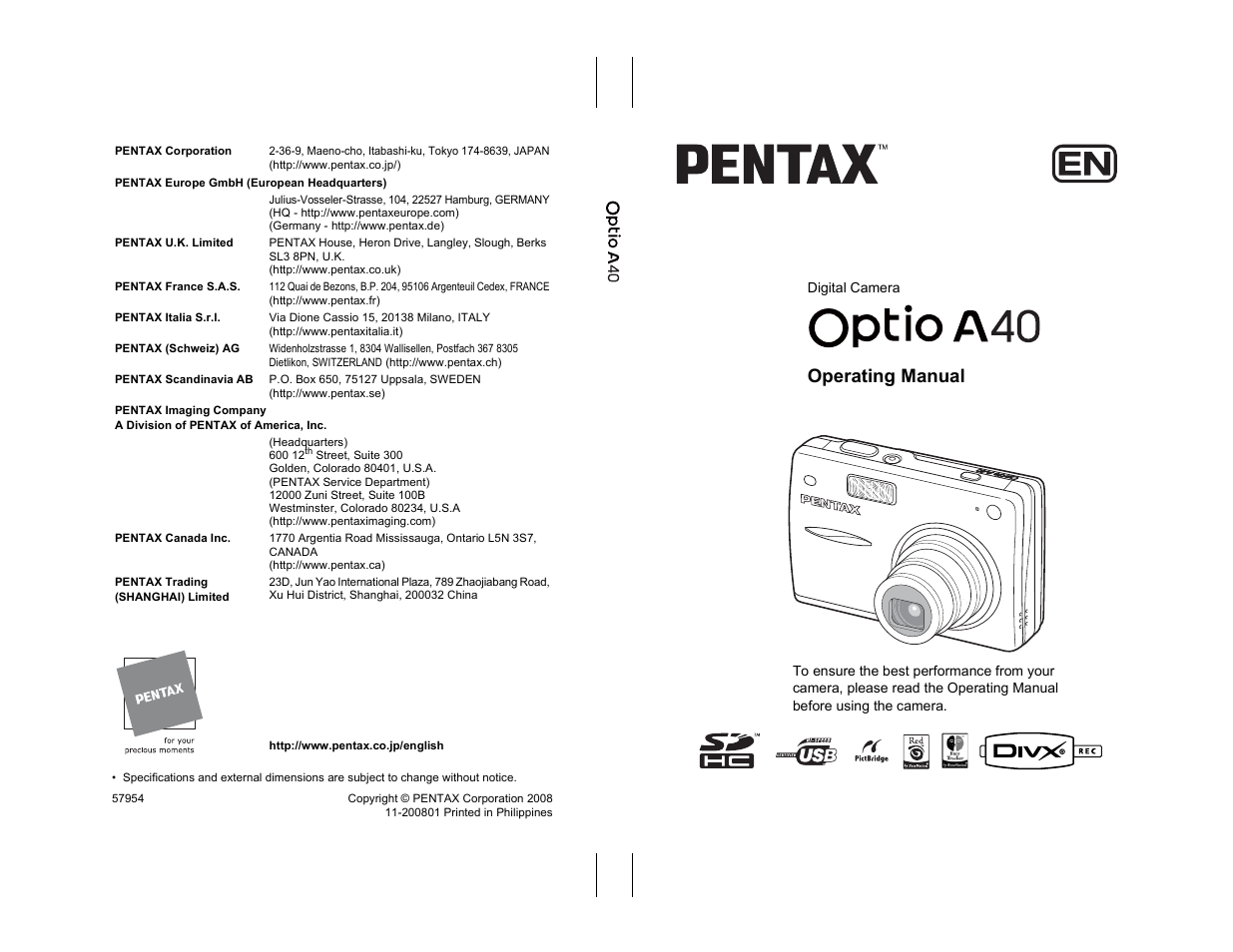 Pentax OPTIO A40 User Manual | 215 pages