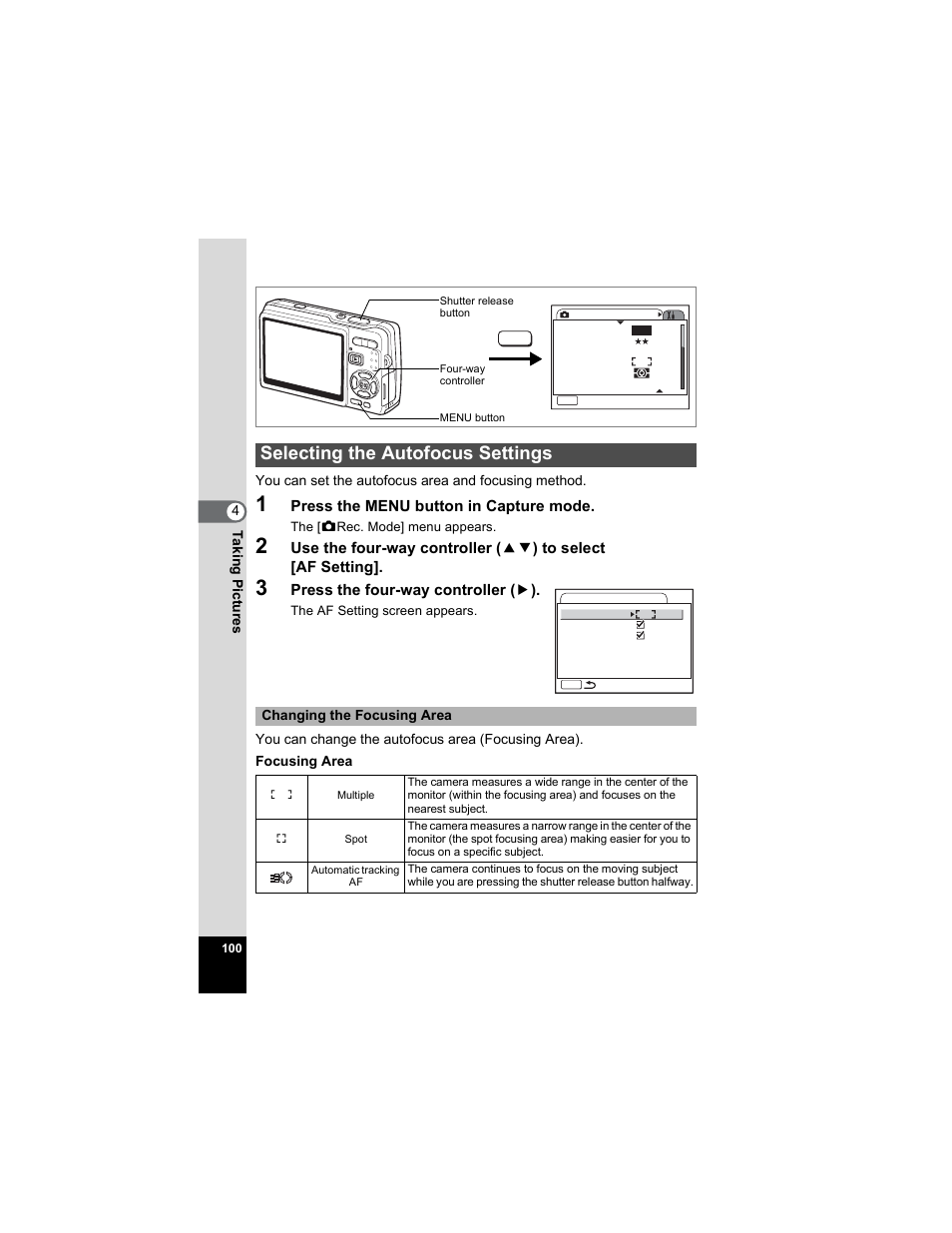 Selecting the autofocus settings, P.100 | Pentax OPTIO A40 User Manual | Page 102 / 215