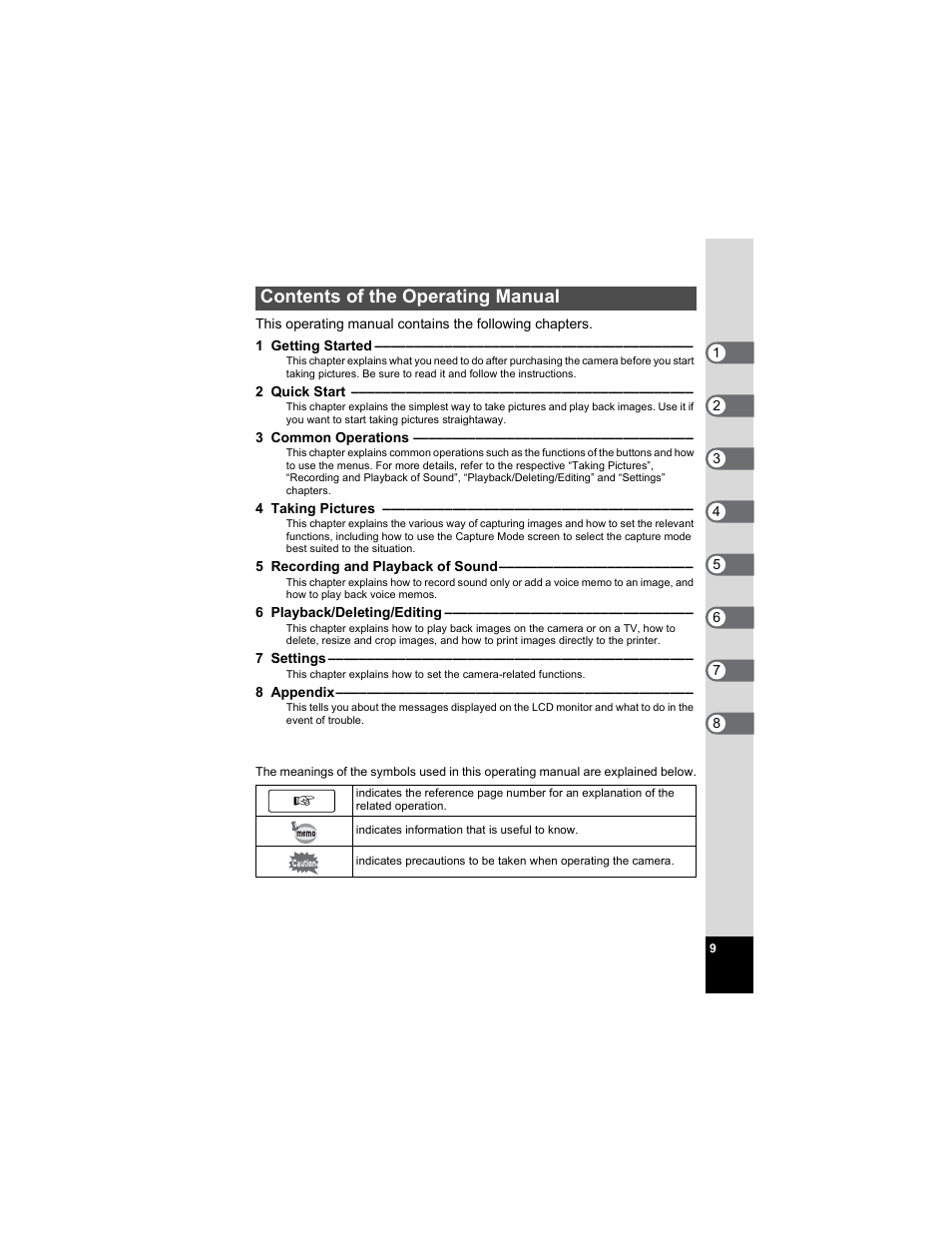 Contents of the operating manual | Pentax OPTIO A40 User Manual | Page 11 / 215