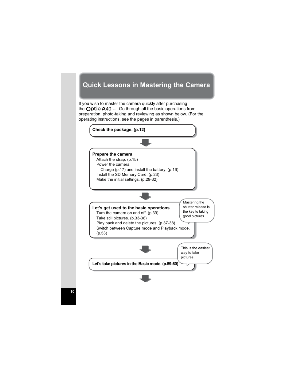 Quick lessons in mastering the camera | Pentax OPTIO A40 User Manual | Page 12 / 215