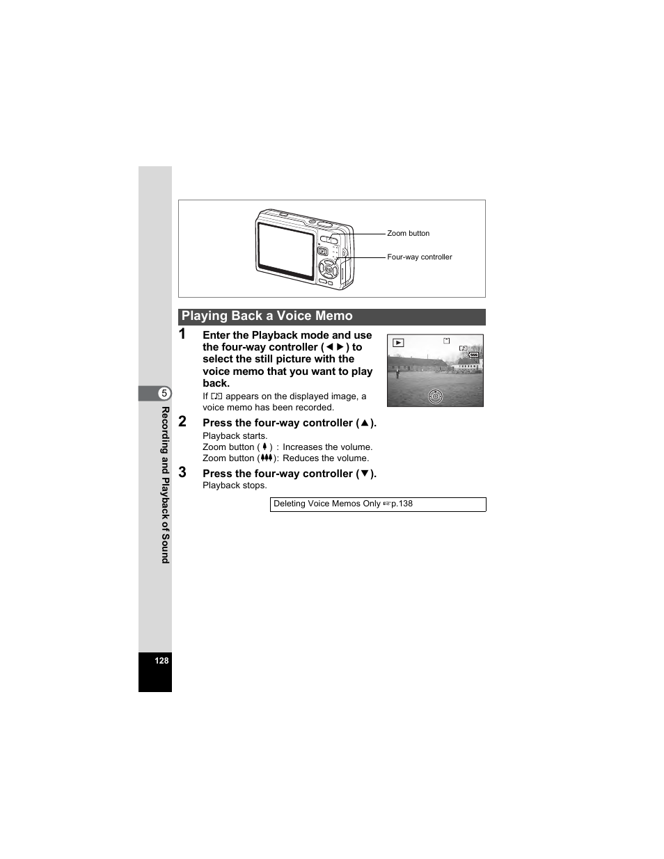 Playing back a voice memo | Pentax OPTIO A40 User Manual | Page 130 / 215