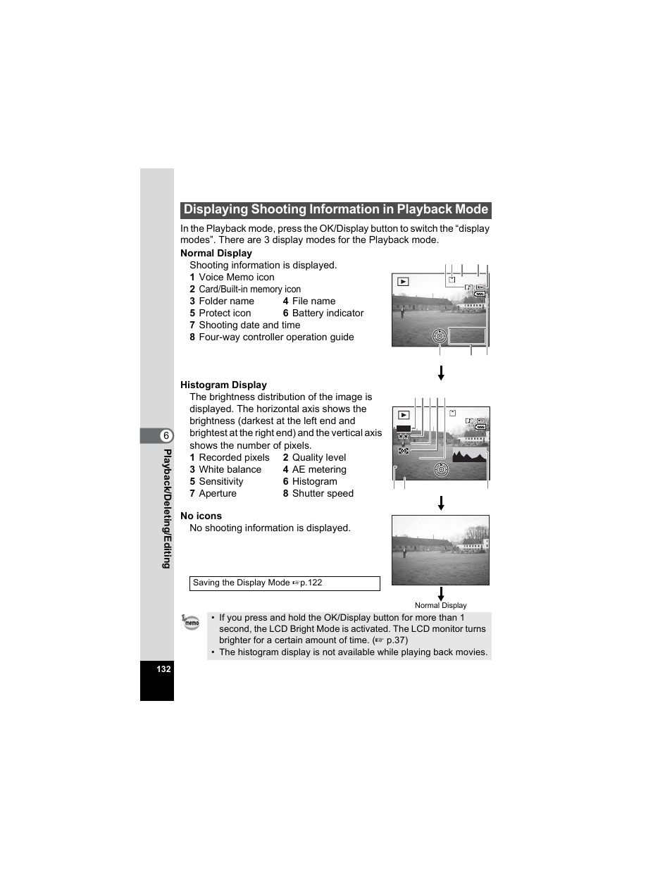 Displaying shooting information in playback mode, P.132) | Pentax OPTIO A40 User Manual | Page 134 / 215