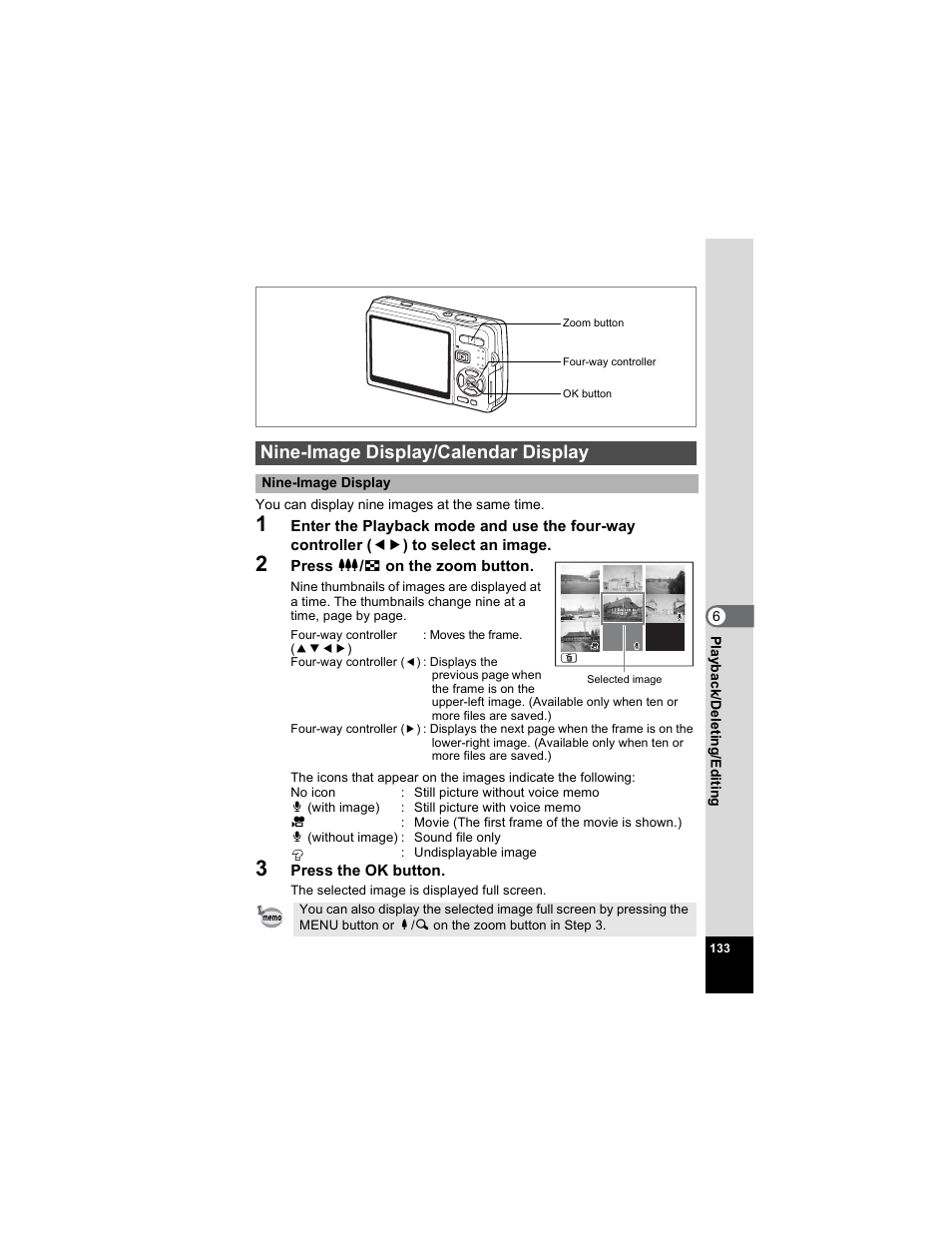 Nine-image display/calendar display, P.133), 1p.133) | Pentax OPTIO A40 User Manual | Page 135 / 215