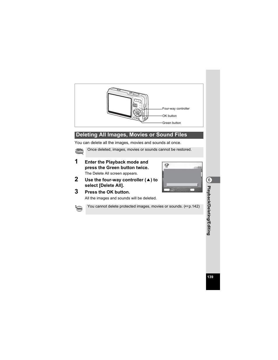Deleting all images, movies or sound files | Pentax OPTIO A40 User Manual | Page 141 / 215