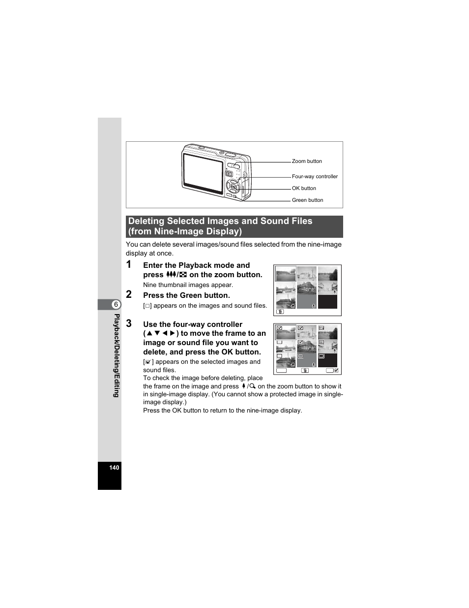 Deleting selected images and sound files, From nine-image display) | Pentax OPTIO A40 User Manual | Page 142 / 215