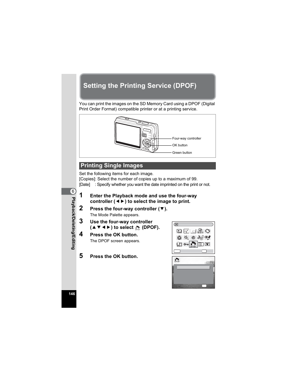 Setting the printing service (dpof), Printing single images, P.146 | Pentax OPTIO A40 User Manual | Page 148 / 215