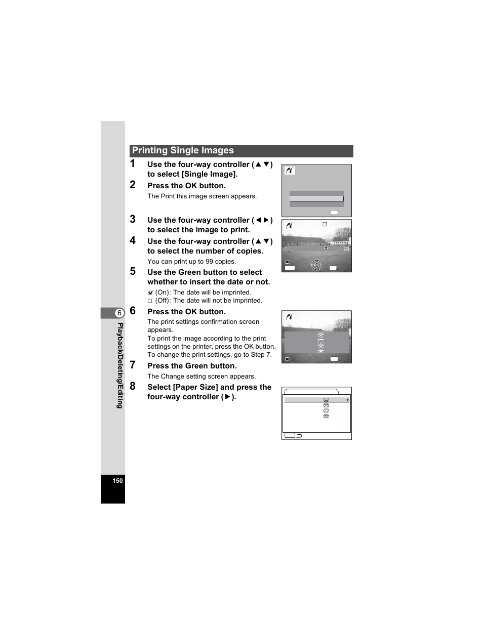 Printing single images, Press the ok button, Press the green button | Pentax OPTIO A40 User Manual | Page 152 / 215