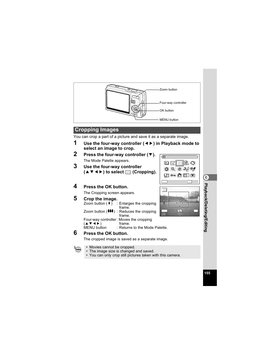 Cropping images, P.155 | Pentax OPTIO A40 User Manual | Page 157 / 215