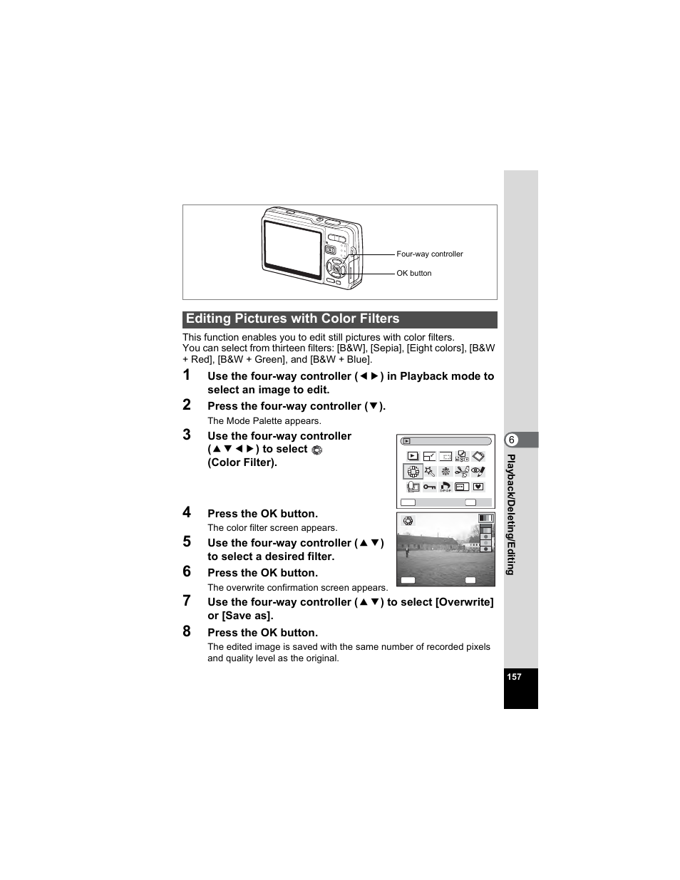 Editing pictures with color filters, P.157 | Pentax OPTIO A40 User Manual | Page 159 / 215