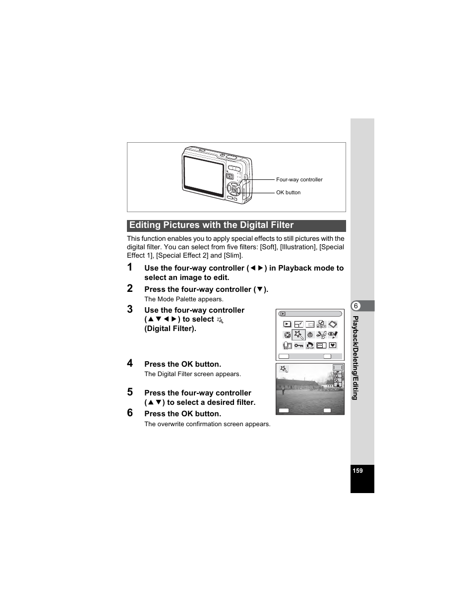 Editing pictures with the digital filter, P.159 | Pentax OPTIO A40 User Manual | Page 161 / 215