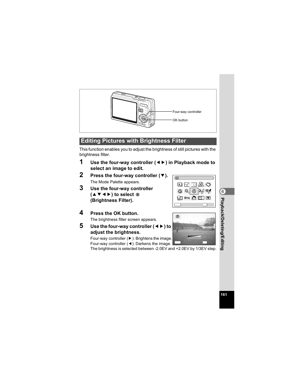 Editing pictures with brightness filter, P.161 | Pentax OPTIO A40 User Manual | Page 163 / 215
