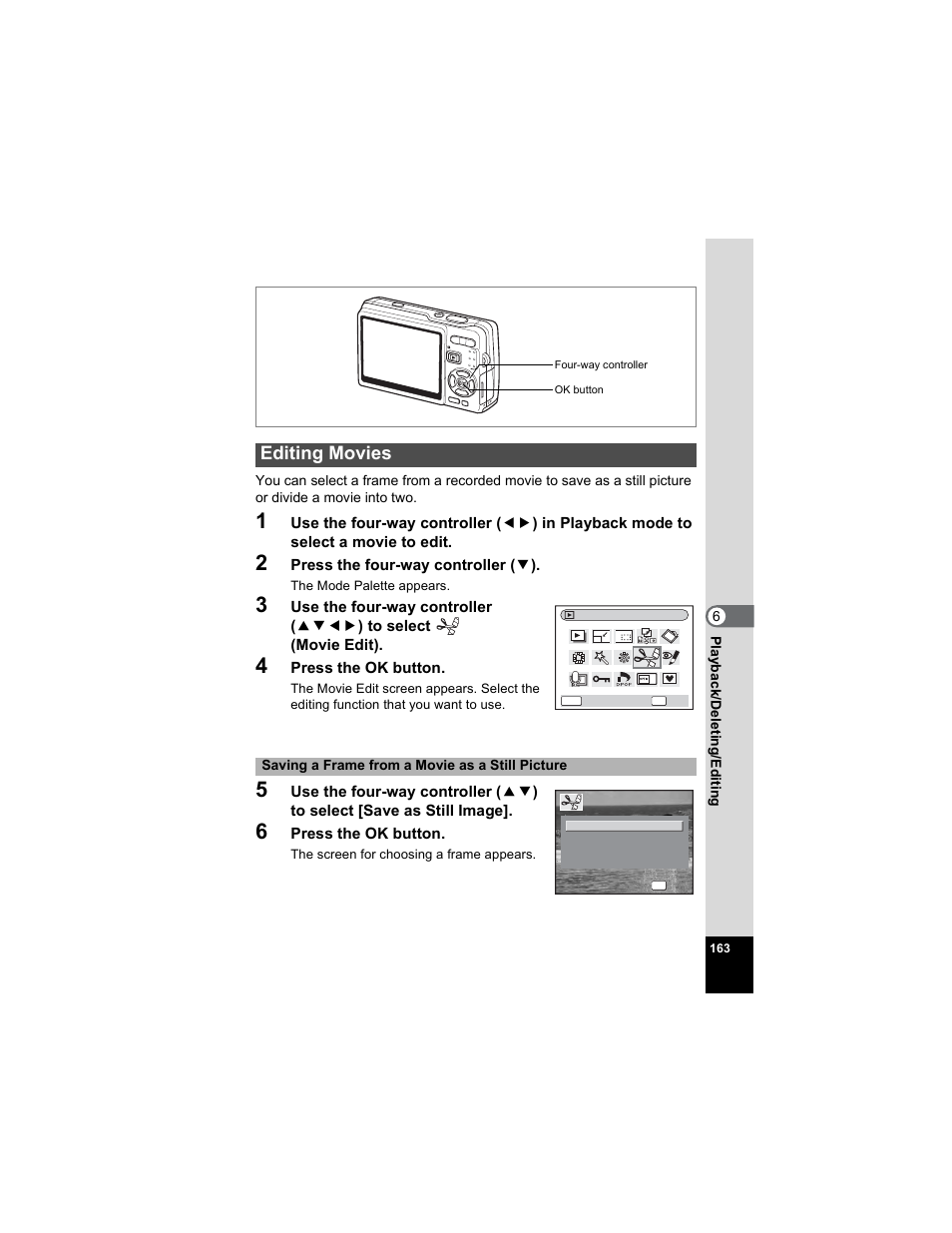 Editing movies, P.163 | Pentax OPTIO A40 User Manual | Page 165 / 215
