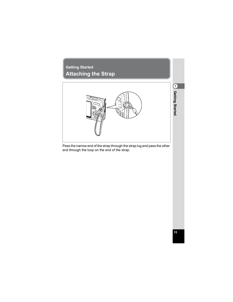 Getting started, Attaching the strap, P.15) | Pentax OPTIO A40 User Manual | Page 17 / 215