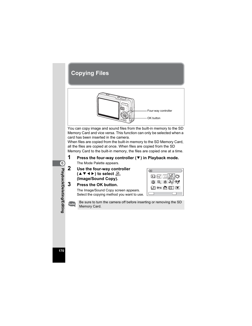 Copying files, P.170 | Pentax OPTIO A40 User Manual | Page 172 / 215