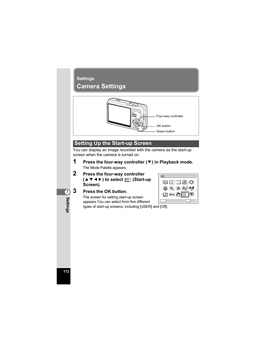 Settings, Camera settings, Setting up the start-up screen | P.172 | Pentax OPTIO A40 User Manual | Page 174 / 215
