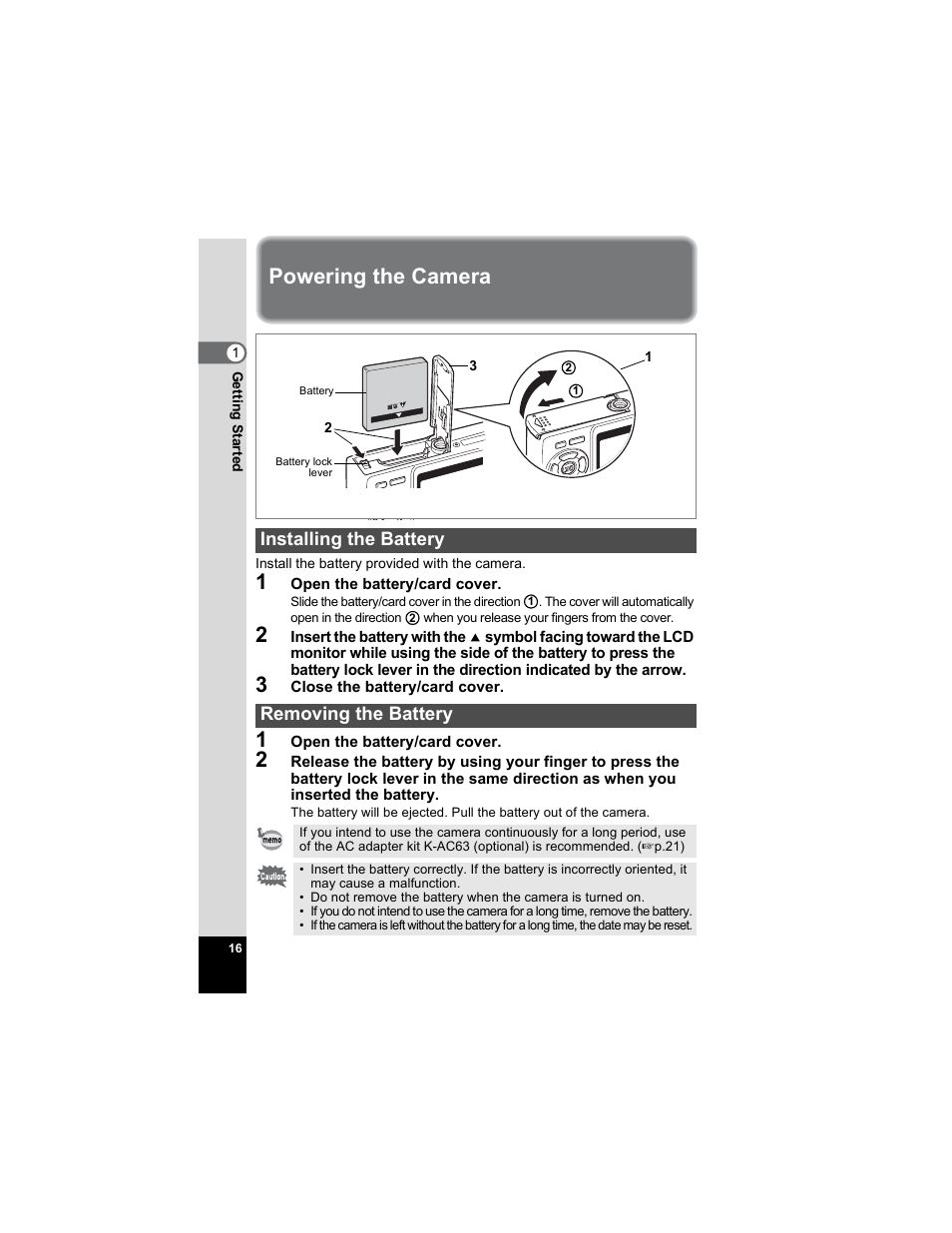 Powering the camera, Installing the battery, Removing the battery | P.16, Installing the battery removing the battery | Pentax OPTIO A40 User Manual | Page 18 / 215