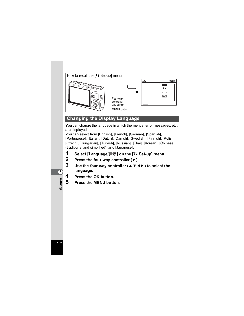 Changing the display language, Changing the display language” (p.182), P.182 | Pentax OPTIO A40 User Manual | Page 184 / 215