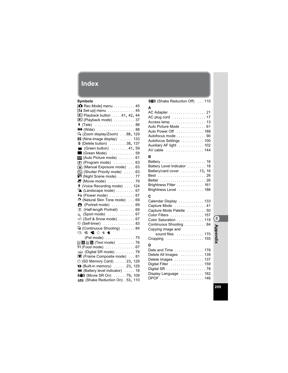 Index | Pentax OPTIO A40 User Manual | Page 211 / 215
