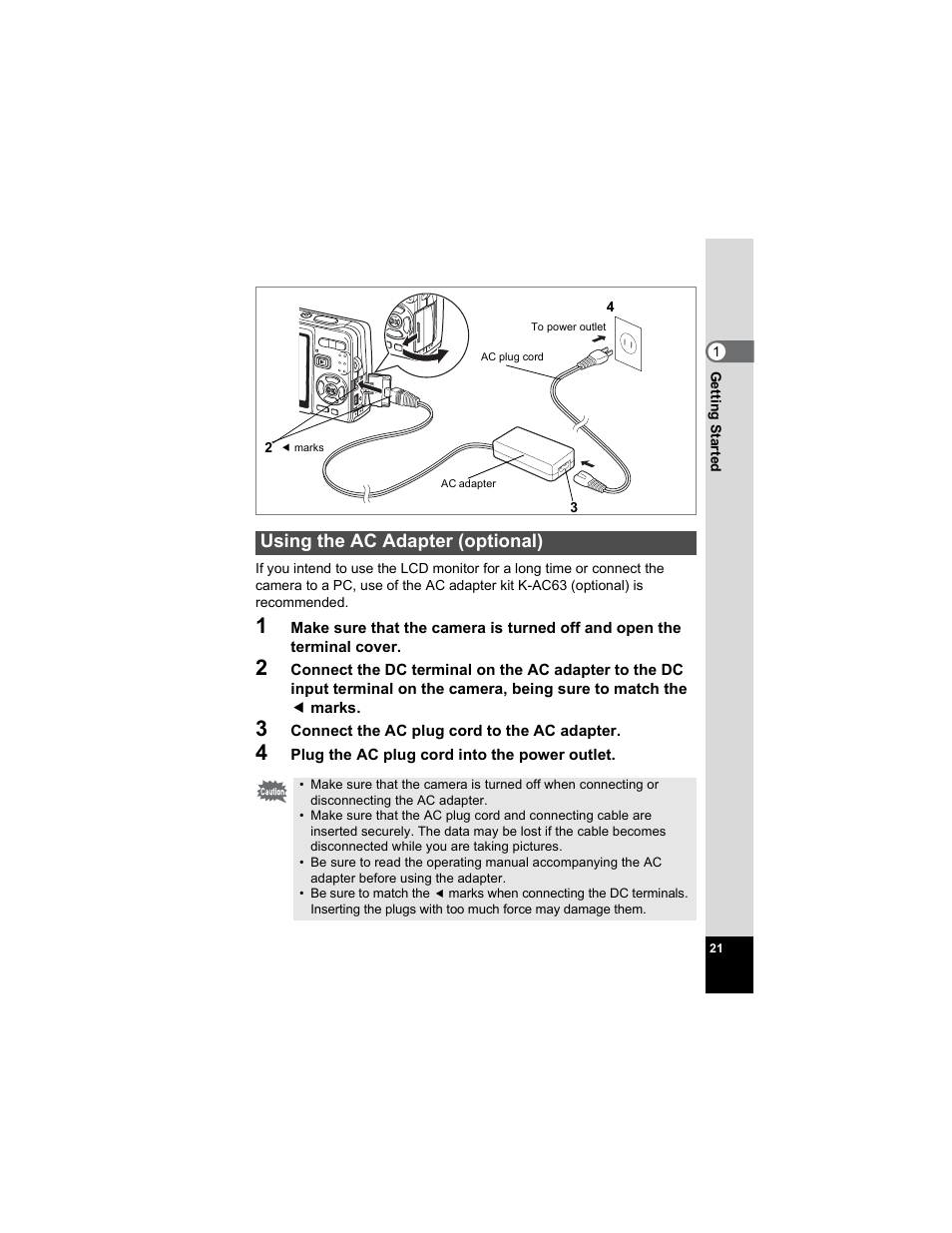 Using the ac adapter (optional) | Pentax OPTIO A40 User Manual | Page 23 / 215