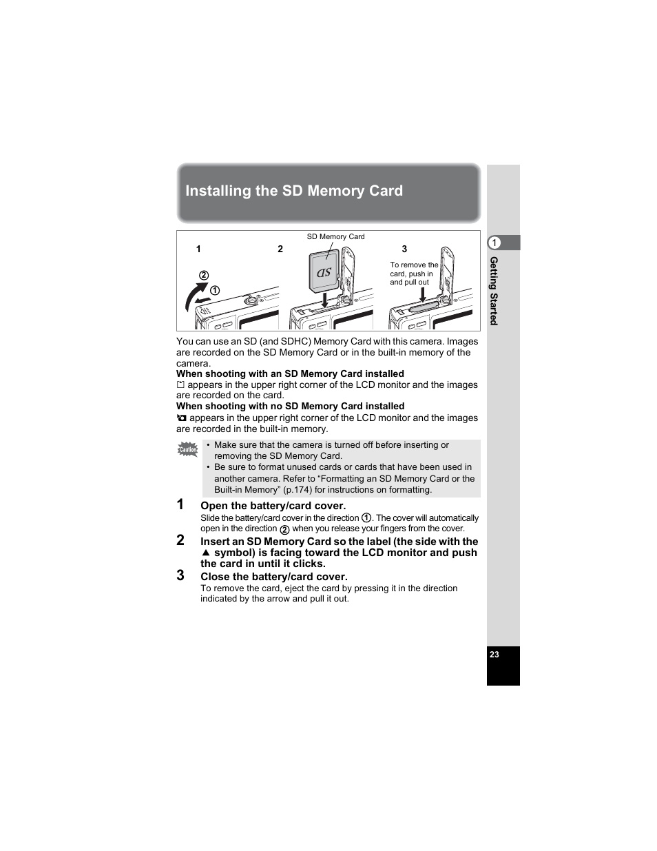 Installing the sd memory card, P.23 | Pentax OPTIO A40 User Manual | Page 25 / 215