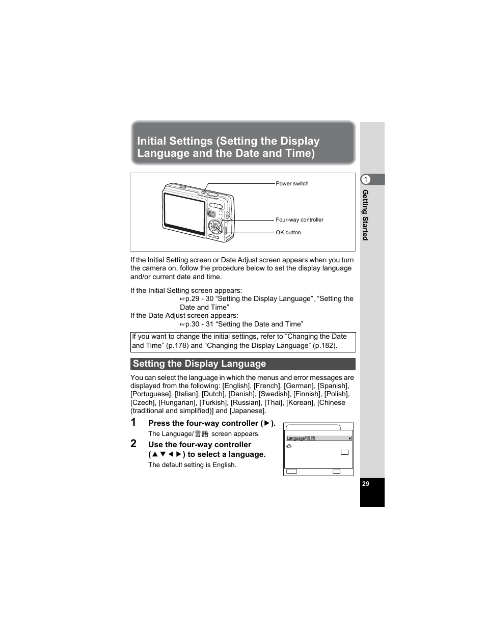 Setting the display language, P.29 | Pentax OPTIO A40 User Manual | Page 31 / 215