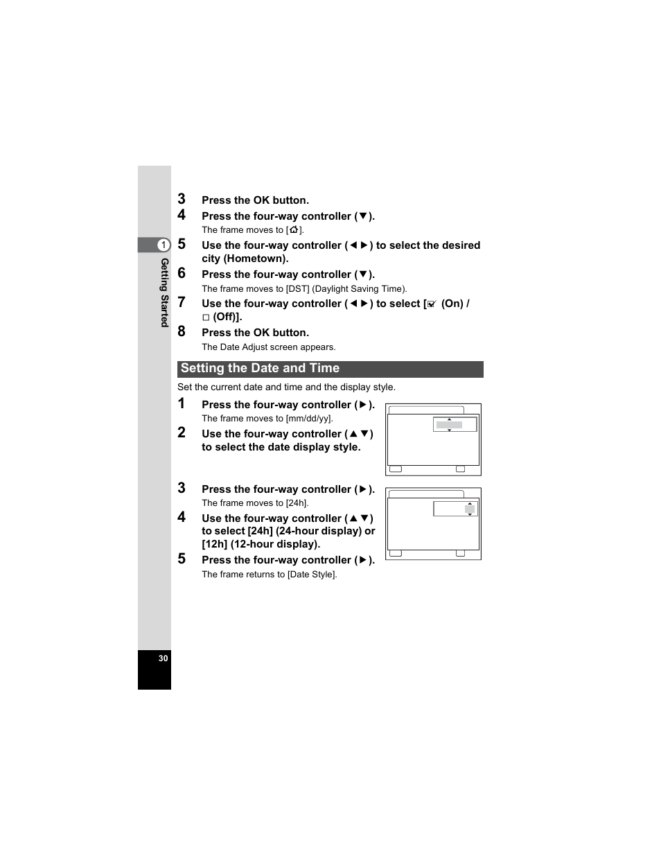 Setting the date and time, Tting the, Date and time | P.30 - 3, Tting the date and time | Pentax OPTIO A40 User Manual | Page 32 / 215