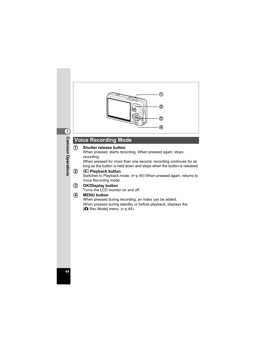 Voice recording mode | Pentax OPTIO A40 User Manual | Page 46 / 215