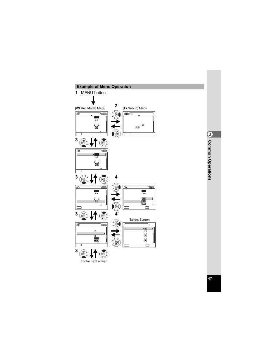 Com m on o p erati ons 3 example of menu operation, Menu button | Pentax OPTIO A40 User Manual | Page 49 / 215