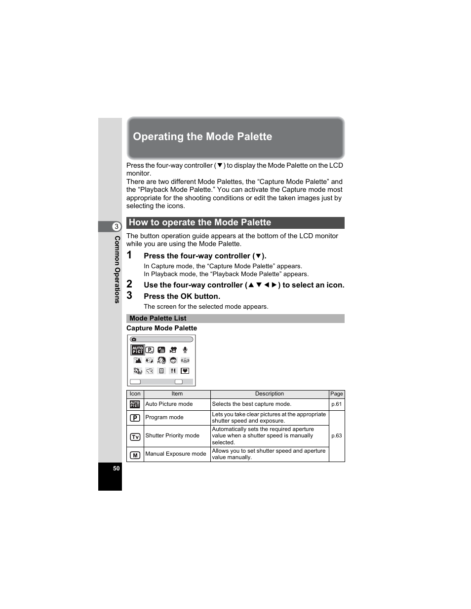 Operating the mode palette, How to operate the mode palette, P.50 | P.50) | Pentax OPTIO A40 User Manual | Page 52 / 215
