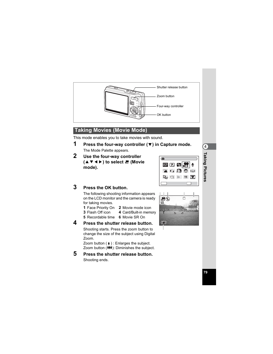 Taking movies (movie mode), P.79 | Pentax OPTIO A40 User Manual | Page 81 / 215