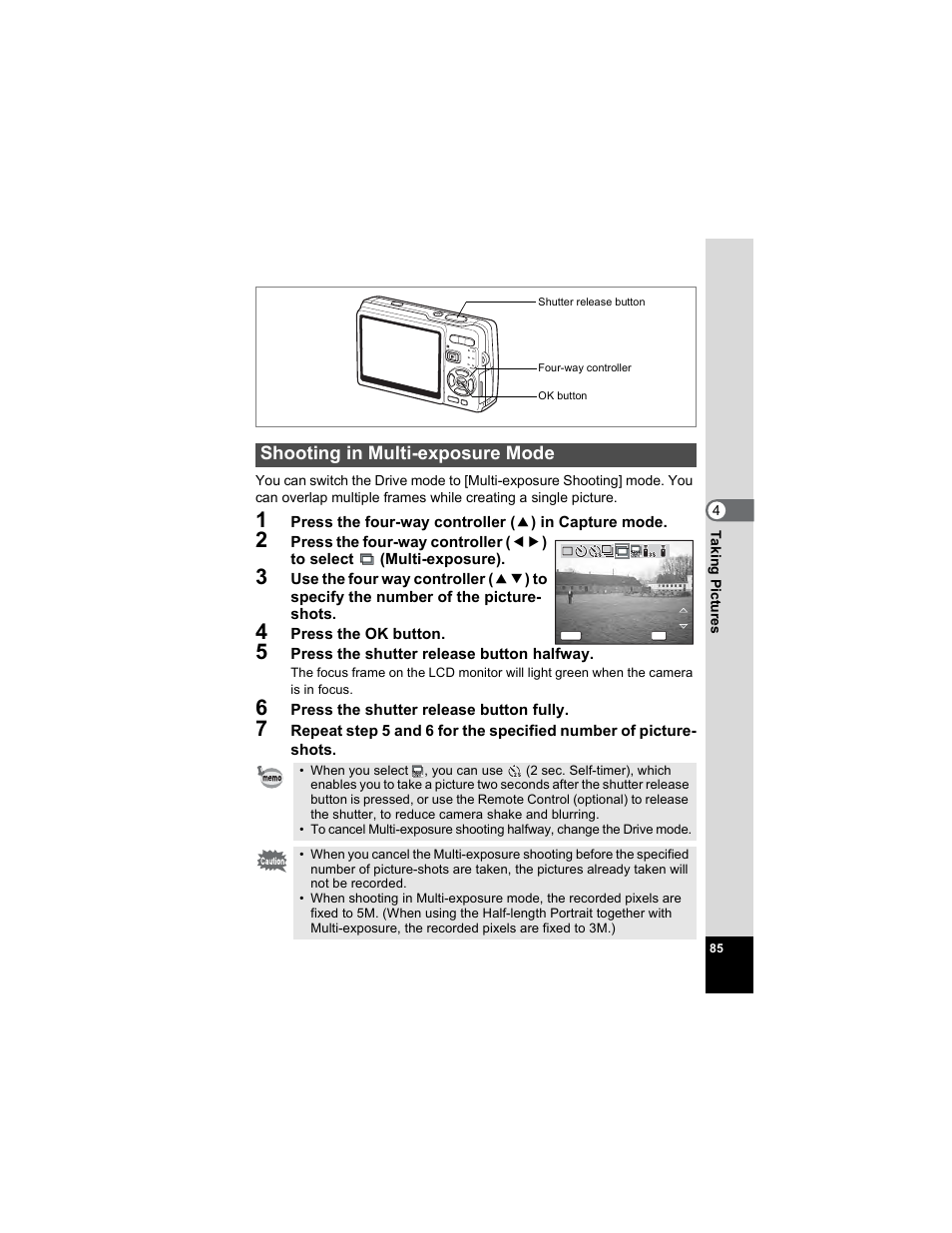 Shooting in multi-exposure mode | Pentax OPTIO A40 User Manual | Page 87 / 215