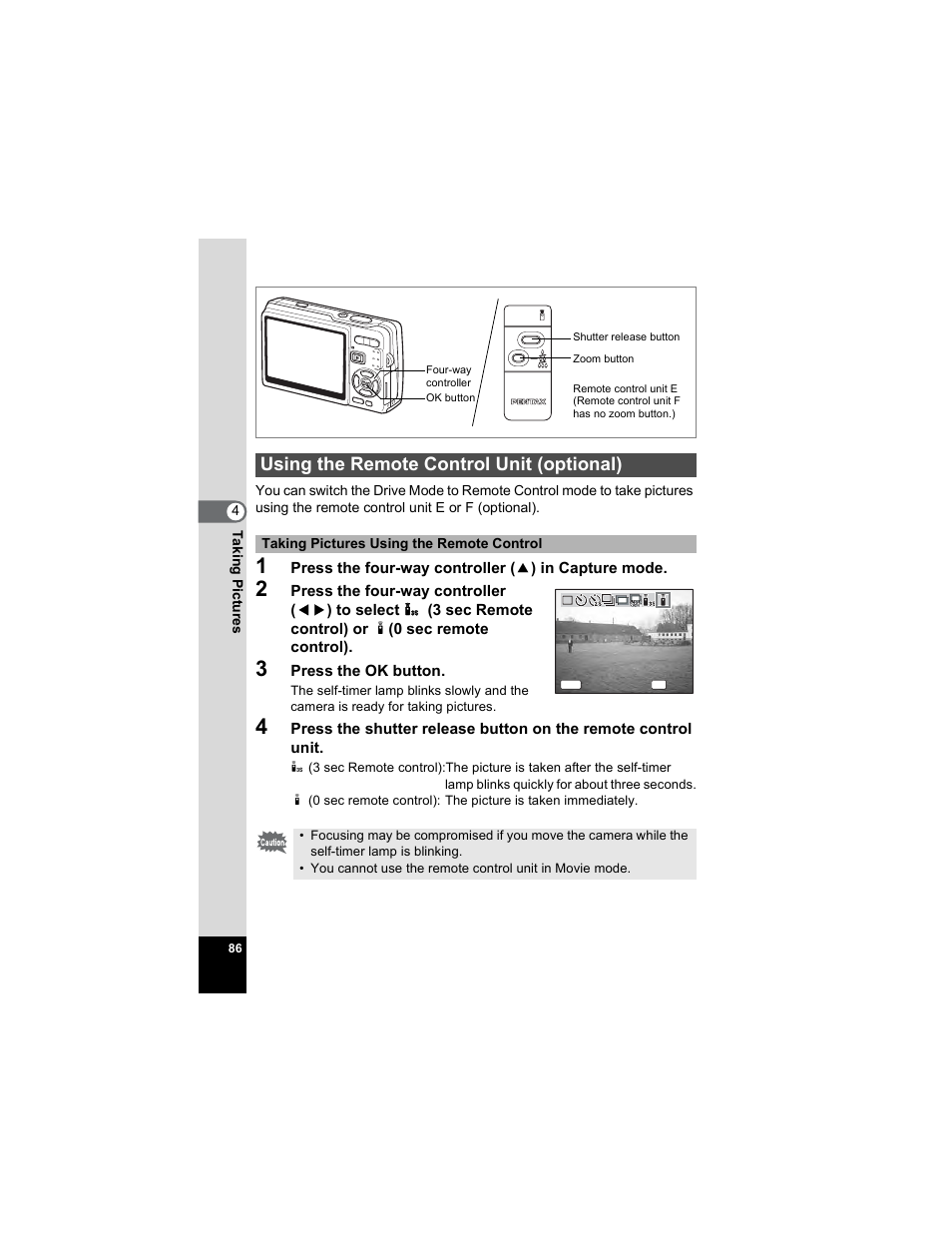 Using the remote control unit (optional) | Pentax OPTIO A40 User Manual | Page 88 / 215