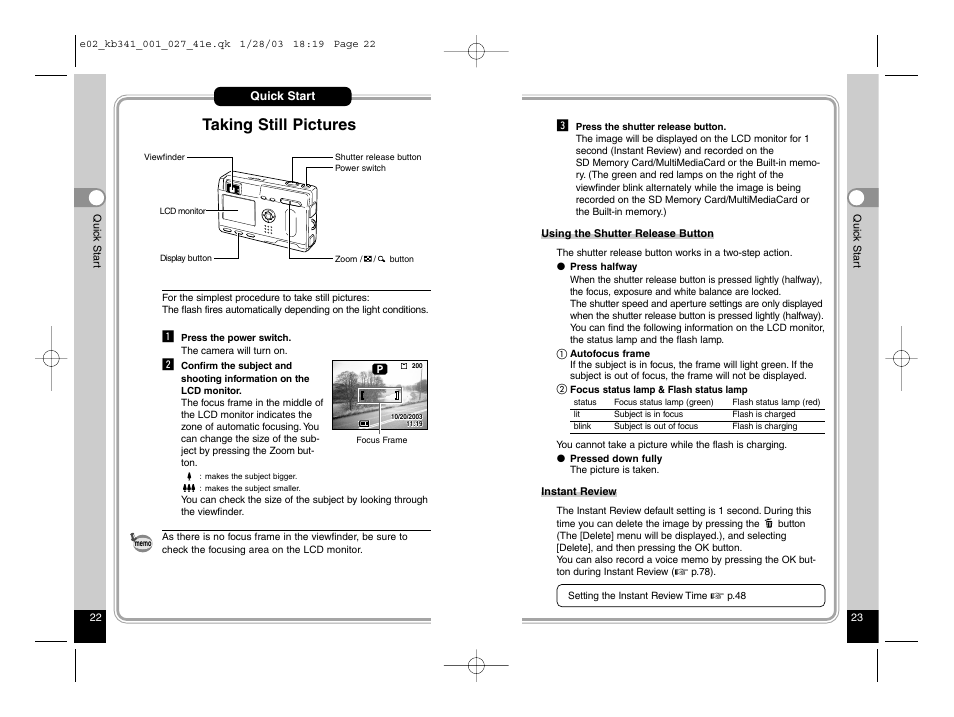 Taking still pictures | Pentax Optio S User Manual | Page 14 / 36